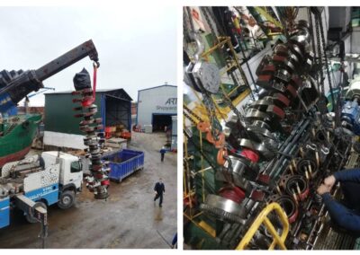 Image consists of two images. Left image showcases a diesel engine crankshaft being transferred by a crane so it can be machined in the mechanical workshop. Second image shows a marine diesel engine expert placing the crankshaft on a diesel engine after being repaired.
